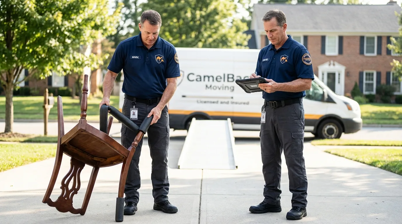 Movers inspecting furniture for damage prevention before loading in Hinesville, GA
