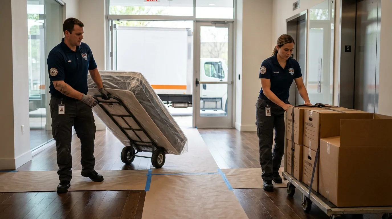 Professional apartment movers loading elevator in Hinesville, GA