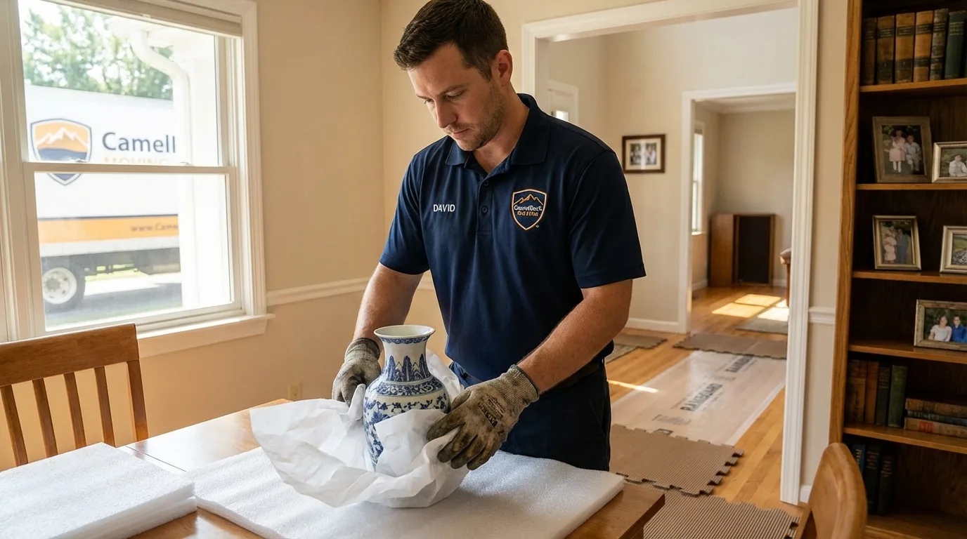 Professional crew carefully wrapping antique vase for senior downsizing move in Hinesville, GA